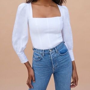 Reformation White Square Neck Puff Sleeve Linen Top